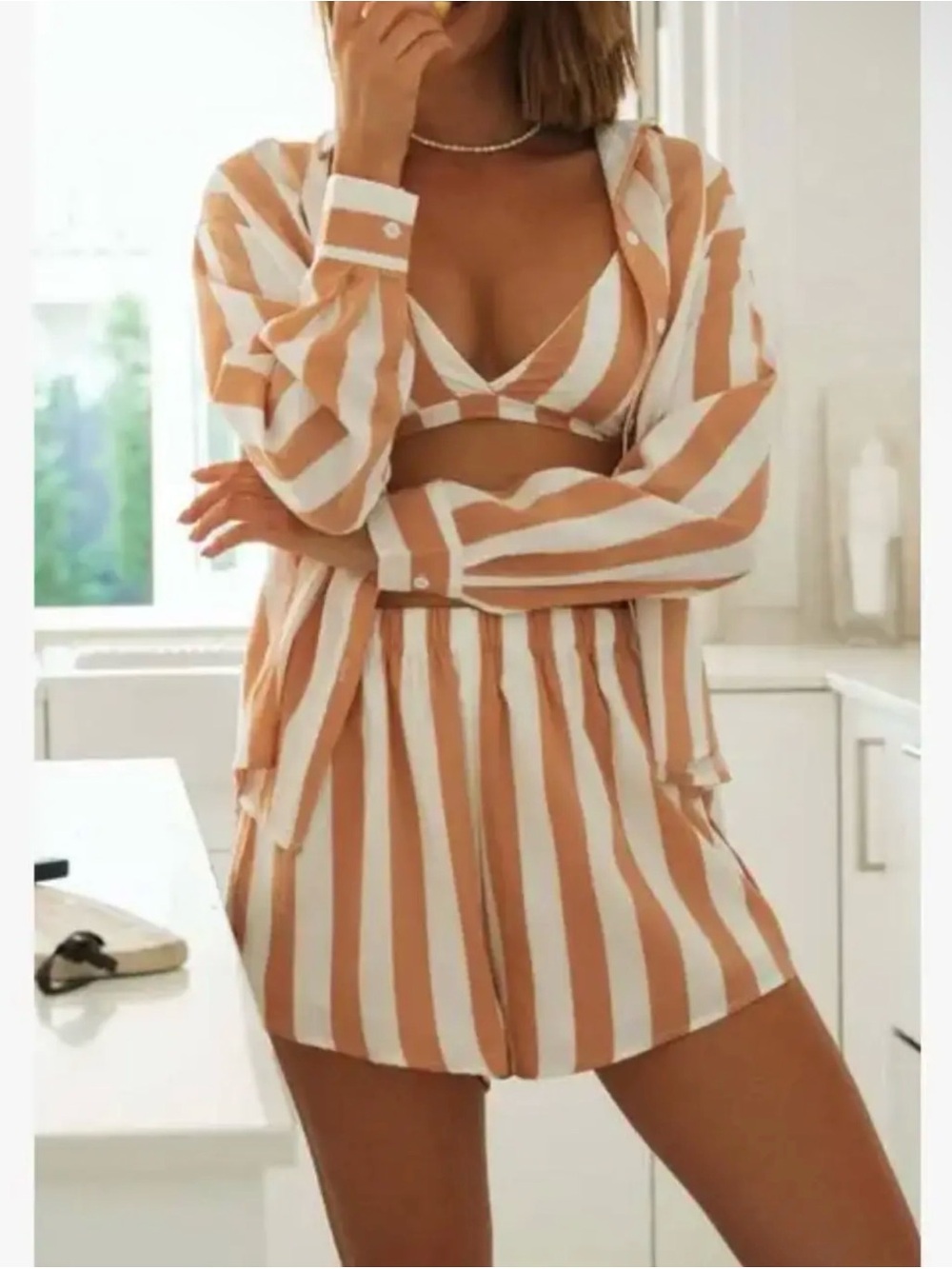 Ladies Striped 3-Piece Lounge Set - Orange & White size Medium